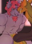 000atanerriaper000 angry anthro balls bodily_fluids duo embarrassed gemini_the_sergal genitals hair hi_res looking_down male male/male multicolored_body muscular muscular_anthro muscular_male red_hair sad saliva tears 