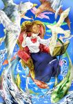  1girl absurdres bird blue_background blue_skirt bow brown_hair chair closed_eyes eagle falling_feathers feathers fish highres long_sleeves muipks music_stand open_mouth original red_bow seagull shirt sitting skirt solo water water_drop white_shirt 