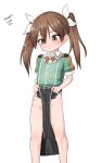  1girl absurdres aged_down bow bowtie brown_eyes brown_hair clothes_lift dated feet_out_of_frame flat_chest green_shirt hair_ribbon highres kantai_collection long_hair maru_(marg0613) military_uniform no_panties one-hour_drawing_challenge pelvic_curtain pelvic_curtain_lift red_bow red_bowtie ribbon shirt simple_background solo tone_(kancolle) twintails twitter_username uniform white_background 