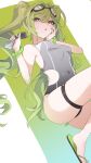  1girl absurdres alternate_costume awe_(adorableduckyy) bare_shoulders black_one-piece_swimsuit bracelet breasts covered_navel feet flip-flops gradient_background green_background green_bracelet green_hair green_nails hair_between_eyes hand_on_own_face hand_up highres honkai_(series) honkai_impact_3rd jewelry knees_out_of_frame long_hair looking_at_viewer lying medium_breasts mobius_(honkai_impact) nail_polish on_back one-piece_swimsuit open_mouth orange_eyes sandals side_cut slit_pupils solo swimsuit thigh_strap toes twintails two-tone_background white_background 