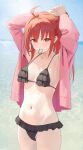  1girl absurdres ahoge armpits arms_up bikini black_bikini blush breasts frilled_bikini frills highres jacket long_hair looking_at_viewer medium_breasts mouth_hold navel ocean open_clothes open_jacket original outdoors pink_jacket red_eyes red_hair siu_hing5262 smile solo swimsuit 