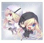  1girl 9-nine- :d amatsuji back-to-back belt black_belt black_hoodie blonde_hair blue_eyes border character_name chibi chibi_only commentary_request crazy_smile eyelashes eyes_visible_through_hair fang fighting_stance floating_hair ghost_(9-nine-) grey_background grey_skirt grey_thighhighs hair_over_one_eye hand_up highres hood hood_up hoodie long_hair long_sleeves looking_at_viewer miniskirt multiple_views one_eye_covered open_mouth profile reaching reaching_towards_viewer red_eyes sideways_glance signature simple_background skirt smile smirk standing thighhighs tsurime v-shaped_eyebrows very_long_hair white_border white_hoodie wide_sleeves zettai_ryouiki 