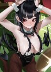  antenna_hair arms_up black_hair blue_archive blush breasts cheru_blac coin highres large_breasts long_hair playboy_bunny red_eyes sitting table tsurugi_(blue_archive) 