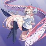  1girl ass ballet_boots black_one-piece_swimsuit coat commentary_request drum_(kancolle) fish garrison_cap gloves grey_eyes hair_ornament hair_rings hat headgear highres kantai_collection kazh_(kazu) long_hair looking_at_viewer oarfish one-piece_swimsuit pink_hair red_hat smile solo star_(symbol) star_hair_ornament star_ornament swimsuit swimsuit_under_clothes translation_request underwater very_long_hair white_coat white_gloves 