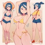  1girl absurdres bikini blue_eyes blue_hair blush breasts bright_pupils collarbone cosplay crop_top hair_ornament heart highres lana&#039;s_mother_(pokemon) large_breasts looking_at_viewer low_ponytail mature_female midriff misty_(pokemon) misty_(pokemon)_(cosplay) navel pokemon pokemon_(anime) pokemon_sm_(anime) satelyte shorts side-tie_bikini_bottom side_ponytail smile solo suspenders swimsuit white_pupils yellow_bikini 