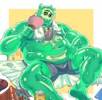  1boy bara big_belly boxers bulge colored_skin cracked_skull doug_(monster_prom) fanning_self fat fat_man grey_male_underwear highres hot large_pectorals looking_at_viewer male_focus male_underwear monster_boy monster_prom navel nipples one_eye_closed pectorals see-through sitting slime_boy solo spread_legs thick_eyebrows thick_thighs thighs underwear wet_ghost 