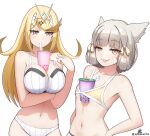  2girls :3 :p absurdres animal_ears between_breasts bikini blonde_hair breasts bubble_tea bubble_tea_challenge bubble_tea_challenge_failure cat_ears chest_jewel cleavage core_crystal_(xenoblade) cup disposable_cup drinking drinking_straw drinking_straw_in_mouth facial_mark grey_eyes grey_hair highres large_breasts multiple_girls mythra_(xenoblade) nia_(xenoblade) object_on_breast small_breasts swimsuit tongue tongue_out xenoblade_chronicles_(series) xenoblade_chronicles_2 zambonito 