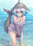  bare_legs bare_shoulders blowhole blue_eyes blue_hair blush cetacean_tail common_bottlenose_dolphin_(kemono_friends) dolphin_girl dorsal_fin fins fish_tail frilled_one-piece_swimsuit frills grey_hair grey_sweater hair_between_eyes head_fins highres holding holding_water_gun kemono_friends kosai_takayuki long_sleeves looking_at_viewer multicolored_hair ocean off-shoulder_sweater off_shoulder one-piece_swimsuit sidelocks spaghetti_strap sweater swimsuit tail two-tone_sweater water_gun white_hair white_one-piece_swimsuit 