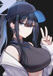 1girl baseball_cap black_hair black_hat black_shirt blue_archive blue_eyes blue_hair blue_halo breasts closed_mouth colored_inner_hair espada_gcon halo hat highres jacket large_breasts long_hair long_sleeves looking_at_viewer multicolored_hair open_clothes open_jacket saori_(blue_archive) shirt sleeveless sleeveless_shirt solo v white_jacket 