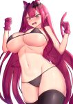  1girl animal_ears baobhan_sith_(fate) bikini black_bikini black_thighhighs blush breasts cameltoe cat_ears cat_tail embarrassed fate/grand_order fate_(series) gloves grey_eyes hair_ornament hands_up highres jo_(pixiv29989419) large_breasts long_hair looking_down micro_bikini navel open_mouth paw_pose pink_gloves pink_hair pointy_ears sidelocks solo sweatdrop swimsuit tail thighhighs very_long_hair white_background 