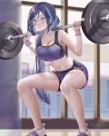  1girl barbell bike_shorts black_sports_bra blue_hair breasts cleavage clorinde_(genshin_impact) closed_mouth collarbone commentary_request dark_blue_hair exercising genshin_impact hair_between_eyes indoors large_breasts long_hair long_hair_between_eyes low_ponytail multicolored_hair natsume_koji navel purple_eyes purple_sports_bra signature solo sports_bra sportswear squatting streaked_hair sweat toned two-tone_sports_bra weightlifting 