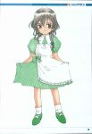  1girl absurdres ankle_socks apron artbook braid braided_ponytail buttoned_cuffs buttons character_name clothes_lift collar collared_dress dress dress_lift english_text fujishima_kousuke green_footwear green_ribbon green_sleeve_cuffs green_stripes grey_eyes grey_hair hair_behind_ear hair_between_eyes hair_ribbon halftone haruno_kotori highres holding holding_apron holding_clothes holding_dress horizontal-striped_sleeve_cuffs kita_e lace-trimmed_apron lace-trimmed_socks lace_trim looking_to_the_side mary_janes medium_hair moire numbered parted_lips puffy_sleeves ribbon scan shoes short_sleeves single_braid smile socks solo standing striped_clothes striped_dress striped_ribbon vertical-striped_clothes vertical-striped_dress vertical-striped_sleeves wavy_hair white_apron white_background white_collar white_socks 