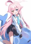  1girl ahoge black_gloves black_skirt blue_archive blue_eyes blue_necktie blush breasts chest_harness collared_shirt fang fingerless_gloves foot_out_of_frame gloves hair_between_eyes hair_flaps halo harness heterochromia highres hoshino_(blue_archive) huge_ahoge inflatable_toy inflatable_whale long_hair long_sleeves looking_at_viewer loose_necktie necktie open_mouth pink_hair pink_halo plaid plaid_skirt pleated_skirt puffy_long_sleeves puffy_sleeves school_uniform shirt shirt_tucked_in simple_background sitting skirt small_breasts smile socks solo sweatdrop very_long_hair wagashi928 white_background white_shirt white_socks yellow_eyes 