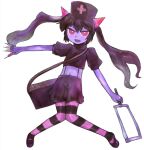  1girl :d bag between_fingers black_hair black_shirt black_thighhighs bmp-to-png_conversion chrome_(mon-musu_quest!) colored_skin crop_top cross demon_girl full_body game_cg glowing_horns hacksaw hair_between_eyes hat holding holding_syringe horizontal-striped_thighhighs horns knees_together_feet_apart long_hair looking_at_viewer lowres midriff mon-musu_quest! navel non-web_source nurse_cap open_mouth outstretched_arms pink_eyes pink_horns pink_thighhighs puffy_short_sleeves puffy_sleeves purple_footwear purple_skin red_cross ringed_eyes saw shirt short_sleeves shorts shoulder_bag simple_background smile solo striped_clothes striped_thighhighs suspender_shorts suspenders syringe thighhighs transparent_background twintails un_do v-shaped_eyebrows v-shaped_eyes 