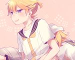  1girl aoi_choko_(aoichoco) bangs blonde_hair blue_eyes blush collarbone head_on_back hug hug_from_behind kagamine_len kagamine_rin leaning_on_person parted_lips pillow pink_background sailor_collar shirt shirt_lift short_ponytail short_sleeves sidelocks simple_background sitting smile sweatdrop t-shirt teasing vocaloid white_shirt 