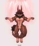 2024 abs anthro artist_name black_hair black_nose brown_body brown_fur brown_tail canid canine canis cheek_tuft claws colored demon facial_tuft full-length_portrait fur hair hi_res horn hybrid long_ears long_tail looking_at_viewer male mammal midair multicolored_body muscular muscular_male navel neck_tuft nude pawpads paws portrait purple_eyes red_horn shaded simple_background smoke smoke_from_eyes solo spread_arms tail tail_tuft tuft two_tone_body white_background wolf wolfarion wolfarion_(character) 