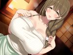  1girl bare_shoulders blast_(lyricbox) blush breasts brown_hair cleavage highres huge_breasts indoors jewelry long_hair looking_at_viewer low-tied_long_hair lyricbox off_shoulder onee-san_to_natsu_yasumi original parted_lips ring sitting smile solo sweat upper_body wedding_ring yellow_eyes 