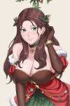  1girl absurdres bare_shoulders breasts brown_gloves brown_hair choker christmas christmas_ornaments cleavage collarbone dorothea_arnault_(winter) earrings elbow_gloves fire_emblem fire_emblem:_three_houses fire_emblem_heroes fire_emblem_warriors:_three_hopes fur_trim gloves green_choker green_eyes grin highres ikhwan_maulana jewelry large_breasts lips long_hair looking_at_viewer mistletoe mistletoe_hair_ornament official_alternate_costume official_alternate_hairstyle parted_lips smile solo star_(symbol) star_choker wavy_hair 