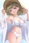  1girl absurdres blue_background blue_eyes breasts cleavage cowboy_shot green_hair hanabusa_lisa hat highres kuwakuma large_breasts navel open_clothes open_mouth open_shirt round_teeth shirt smile solo standing sun_hat teeth upper_teeth_only virtual_youtuber vspo! white_shirt 