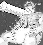  1boy bara english_text facial_hair from_below glowing_crotch greyscale implied_yaoi large_pectorals lewis_smith male_focus meiji_(meiji_nsfw) monochrome muscular muscular_male no_eyes pectorals shaded_face sideburns_stubble solo stubble thick_eyebrows unfinished yuuki_bakuhatsu_bang_bravern 