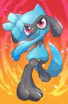  absurdres black_fur blue_fur gradient_background highres looking_at_viewer no_humans nullma orange_background pokemon pokemon_(creature) red_background red_eyes riolu solo standing two-tone_background two-tone_fur 