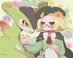  1girl beret bianca_(champion)_(pokemon) bianca_(pokemon) blonde_hair blush cape closed_mouth floral_background flower glasses green_cape green_eyes green_hat green_shirt hat long_sleeves looking_at_another neckerchief official_alternate_costume pandakokkopanda pokemon pokemon_(creature) pokemon_masters_ex red-framed_eyewear red_neckerchief shirt short_hair smile virizion 