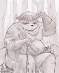  2016 anthro belly canine clothing hat humanoid_hands male mammal melee_weapon moobs overweight overweight_male robe sitting solo sv_grart sword tanuki weapon 