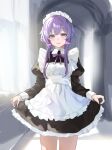 1girl alternate_costume apron black_skirt closed_mouth clothes_lift enmaided hair_ornament highres lifting_own_clothes long_sleeves looking_at_viewer low_twintails maid maid_apron maid_headdress miyota neck_ribbon puffy_long_sleeves puffy_sleeves purple_eyes purple_hair purple_ribbon ribbon skirt skirt_lift solo standing thighs twintails voiceroid white_apron yuzuki_yukari 