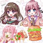 2girls :d :o ahoge anyoji_hime aqua_neckerchief black_ribbon blue_eyes blunt_bangs blush brown_dress brown_hair burger commentary_request dango doodle_inset dress eating food fujishima_megumi hair_ribbon hasu_no_sora_school_uniform holding holding_food hood hooded_jacket jacket kemari_(falmari6) link!_like!_love_live! long_hair long_sleeves looking_at_another love_live! multi-tied_hair multiple_girls neckerchief oekaki open_clothes open_jacket open_mouth pink_hair pink_jacket pizza pizza_slice ponytail purple_eyes ribbon sailor_collar sailor_dress school_uniform sidelocks smile swept_bangs translation_request two_side_up virtual_youtuber wagashi white_background white_sailor_collar winter_uniform yellow_neckerchief 
