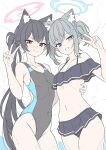  2girls black_hair blue_archive blue_eyes blush closed_mouth grey_hair grin hair_between_eyes highres long_hair masabodo mismatched_pupils multiple_girls official_alternate_costume red_eyes serika_(blue_archive) shiroko_(blue_archive) shiroko_(swimsuit)_(blue_archive) smile 