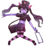  1girl :d bag between_fingers black_hair black_shirt black_thighhighs bmp-to-png_conversion chrome_(mon-musu_quest!) colored_skin crop_top cross demon_girl evil_smile full_body game_cg glowing_horns hacksaw hair_between_eyes hat holding holding_syringe horizontal-striped_thighhighs horns knees_together_feet_apart long_hair looking_at_viewer lowres midriff mon-musu_quest! navel non-web_source nurse_cap open_mouth outstretched_arms pink_eyes pink_horns pink_thighhighs puffy_short_sleeves puffy_sleeves purple_footwear purple_skin red_cross ringed_eyes saw shirt short_sleeves shorts shoulder_bag simple_background smile solo striped_clothes striped_thighhighs suspender_shorts suspenders syringe thighhighs transparent_background twintails un_do v-shaped_eyebrows v-shaped_eyes 