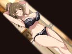  1girl :o armpits arms_up bare_arms bare_legs bare_shoulders black_bra black_panties blast_(lyricbox) blush bra breasts brown_hair cleavage groin high_ponytail highres indoors large_breasts legs legs_together long_hair looking_at_viewer lyricbox navel onee-san_to_natsu_yasumi original panties parted_lips ponytail solo standing thighs underwear voyeurism yellow_eyes 