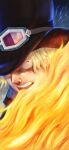  1boy black_hat blonde_hair commentary english_commentary fire goggles goggles_on_headwear hat highres ksop male_focus one_piece open_mouth sabo_(one_piece) scar scar_across_eye scar_on_face short_hair solo teeth top_hat 