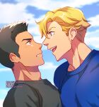  2boys :d adam&#039;s_apple ao_isami black_hair blonde_hair couple day eye_contact face-to-face facial_hair koromo_(kinu) lewis_smith looking_at_another male_focus multiple_boys pectoral_docking pectoral_press sideburns_stubble smile stubble sunlight surprised thick_eyebrows upper_body wide-eyed yaoi yuuki_bakuhatsu_bang_bravern 
