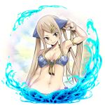  1girl abigail_(gate_of_nightmares) bikini blue_bikini breasts brown_eyes bug butterfly cleavage collarbone gate_of_nightmares hair_ornament hand_in_own_hair highres large_breasts long_hair long_sidelocks looking_at_viewer mashima_hiro navel official_alternate_costume official_art simple_background solo swimsuit transparent_background twintails upper_body 