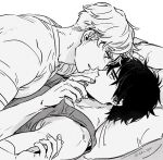  2boys aki_(supekutooru) ao_isami couple face-to-face facial_hair finger_in_another&#039;s_mouth from_side greyscale highres lewis_smith lying lying_on_person male_focus monochrome multiple_boys noses_touching official_alternate_hairstyle on_back on_bed open_mouth sideburns_stubble stubble thick_eyebrows yaoi yuuki_bakuhatsu_bang_bravern 