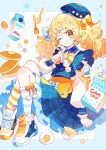 1girl beret blonde_hair blue_beret blue_dress bow dress food frills hair_ornament hat highres long_hair long_sleeves looking_at_viewer milk_carton one_eye_closed original plaid saijo1201 shoes socks solo star_(symbol) striped_clothes striped_socks twintails 