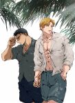  2boys 8lsymojkn1y5bly abs ao_isami bara black_hair blonde_hair collared_shirt couple day facial_hair highres holding_hands large_pectorals lewis_smith male_focus multiple_boys muscular muscular_male navel open_clothes open_shirt pectoral_cleavage pectorals shirt short_shorts shorts sideburns_stubble stubble sunlight sweat thick_eyebrows yaoi yuuki_bakuhatsu_bang_bravern 