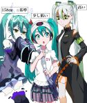  3girls aqua_hair bag bare_shoulders beanie black_thighhighs blue_eyes breasts brown_eyes fighting_miku_(project_voltage) ghost_miku_(project_voltage) green_eyes hand_on_own_hip hat hatsune_miku headphones height_difference highres long_hair multiple_girls necktie pleated_skirt pokemon project_voltage psychic_miku_(project_voltage) ramika_(ramika0606) simple_background skirt sleeves_past_wrists small_breasts thighhighs translation_request twintails vocaloid white_background 