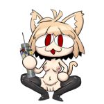  bav blonde_hair breasts clothed clothing felid female hair humanoid legwear looking_at_viewer mammal navel neco-arc nipples open_mouth partially_clothed pipe_bomb red_eyes simple_background solo tail thigh_highs tsukihime type-moon white_background 
