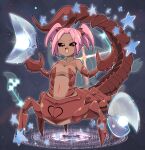  1girl arthropod_girl black_sclera blush breasts brown_eyes checkered_background colored_sclera commentary_request constellation dark-skinned_female dark_skin fang full_body grey_background highres lets0020 looking_at_viewer medium_breasts monster_girl navel open_mouth original parted_bangs pink_hair scorpion_girl scorpius_(constellation) short_hair short_twintails smile solo sparkle star_(symbol) twintails 