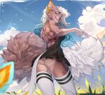  anthro athletic athletic_female bastika black_clothing black_dress blue_eyes blue_hair blue_sky bubble_butt butt clothing cloud dress felid female fluffy fluffy_tail grass hair hi_res highlights_(coloring) legwear looking_at_viewer mammal pantherine plant sky solo stockings suggestive_pose tail watermark white_clothing white_hair white_legwear white_stockings 
