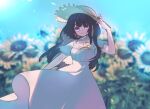  1girl arm_at_side black_hair blunt_bangs blurry blurry_background braid closed_mouth collarbone coto_notte day dress feet_out_of_frame field flower flower_field frills hair_ribbon hand_on_headwear hat heroine_(lovebrush_chronicles) long_hair lovebrush_chronicles official_alternate_costume outdoors purple_eyes ribbon scarf short_sleeves side_braid smile solo standing straight-on sun_hat sundress sunflower sunflower_field underbust white_dress white_scarf wind yellow_ribbon 