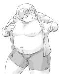  2016 anthro belly blush canine clothed clothing dog humanoid_hands male mammal moobs navel nipples open_shirt shirt shorts simple_background solo sv_grart undressing 