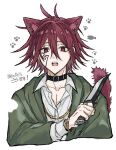  1boy animal_ears bracelet carpaccio_luo-yang cat_ears cat_tail collarbone collared_shirt earrings facial_mark green_robe hair_between_eyes jewelry knife long_sleeves m_aizw mashle open_mouth red_eyes red_hair robe shirt short_hair solo spiked_hair tail white_background 