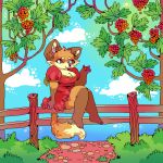 1:1 2019 anthro barefoot berry biped breasts brown_eyes canid canine cleavage clothed clothing cloud dress feet female female_anthro fence fluffy fluffy_tail food fox fruit fur grass holding_berry holding_food holding_fruit holding_object leaf mammal orange_body orange_fur outside paws plant red_clothing red_dress red_fox sitting sitting_on_fence sky solo suippupupu tail tree true_fox