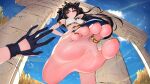  1girl 1other armlet bare_shoulders barefoot black_hair blue_gloves blush breasts closed_mouth day fate/grand_order fate_(series) feet foot_focus from_below gloves hand_up highres ishtar_(fate) jewelry large_breasts looking_at_viewer looking_down nekoda_(maoda) outdoors parted_bangs red_eyes revision smile soles solo_focus toe_ring toes 