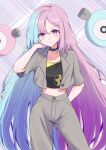  1girl blue_hair hair_down highres iono_(pokemon) jewelry long_hair looking_at_viewer mochitaro_(mothitaroo) multicolored_hair necklace pants pink_hair pokemon pokemon_(creature) pokemon_sv shirt short_sleeves solo two-tone_hair very_long_hair 