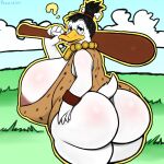  anatid anseriform anthro areola avian beak big_breasts big_butt bird bone breasts buckteeth butt caveman clothed clothing club digital_media_(artwork) disney duck feathers female hi_res huge_breasts huge_butt jewelry looking_at_viewer necklace open_mouth overweight princess_oona prozak514 simple_background solo tail_feathers_tuft teeth thick_thighs white_body wide_hips 