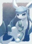  alopias animal_focus artist_name blue_background blue_eyes blue_fur blue_hair border closed_mouth english_text glaceon gradient_background looking_at_viewer no_humans outside_border pokemon pokemon_(creature) smile solo twitter_username two-tone_fur watermark white_border 